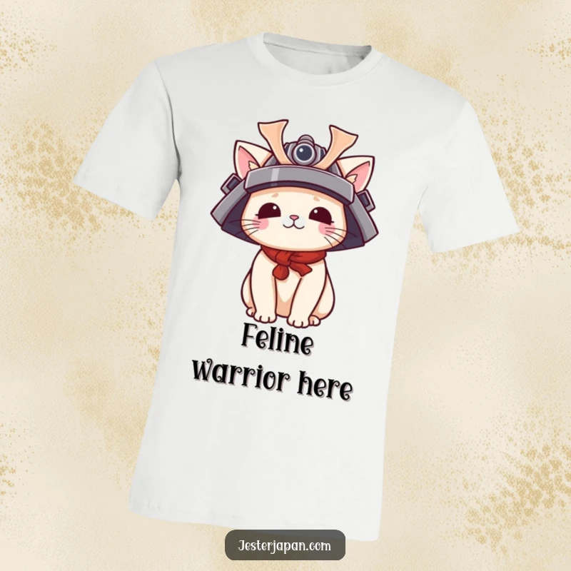 Funny Kawaii cat t-shirt with a cute character playfully wearing a tiny samurai helmet, embodying adorable feline bravery.
