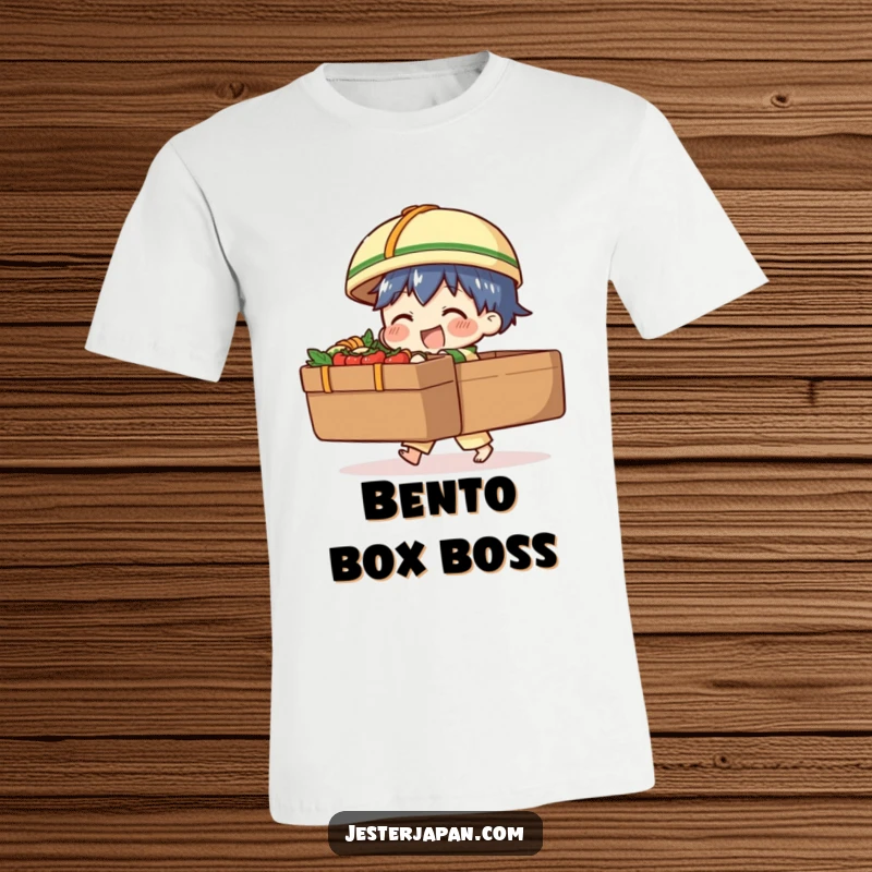 Funny t-shirt featuring a character comically struggling under the weight of an enormous bento box, embodying the humorous lengths of foodie devotion.