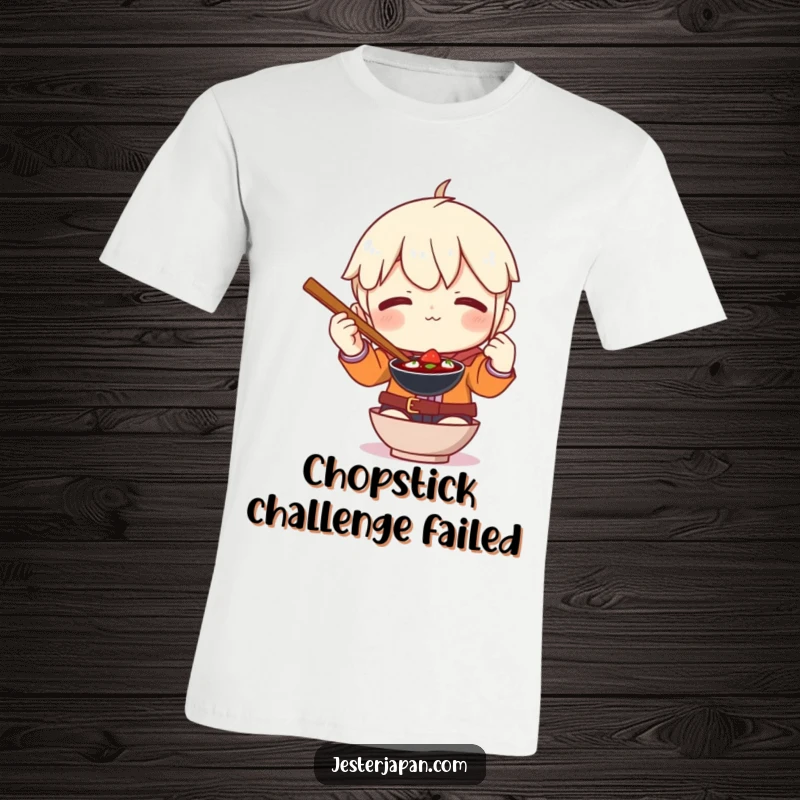 Funny t-shirt with a character comically struggling to wield gigantic chopsticks amidst flying food, capturing dining mishaps.