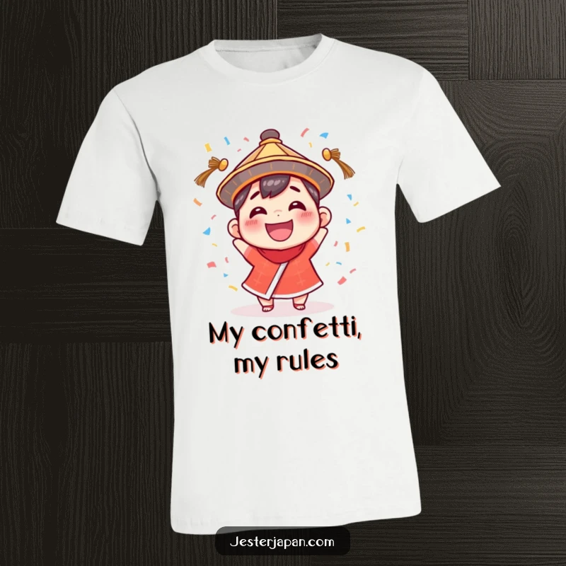 Funny T-Shirt: Small character in a festive hat, beaming with a huge smile, throwing a cascade of confetti.