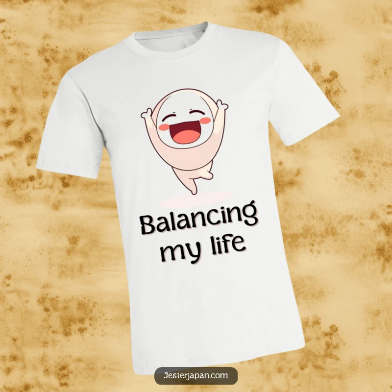Funny t-shirt with a happy Daruma doll character performing a handstand while floating, symbolizing achievement.