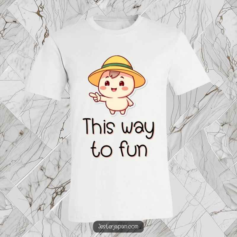 Funny t-shirt of a cheerful character in a sun hat, pointing forward with a smile, encouraging exploration and positivity.