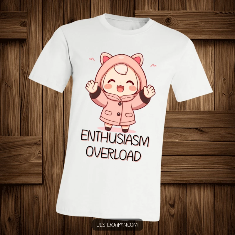 Funny Happi Coat Cheer T-Shirt: Cute character wearing a happi coat, enthusiastically cheering with both hands up, embodying team spirit and excitement.