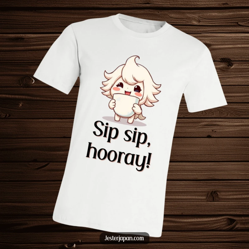 Funny t-shirt of a character beaming with a huge smile while holding a steaming cup, perfect for cozy vibes.
