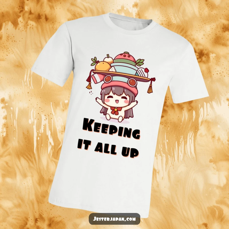 Funny Kawaii t-shirt featuring a cute character attempting to balance various items on its head, illustrating a humorous struggle and perseverance.