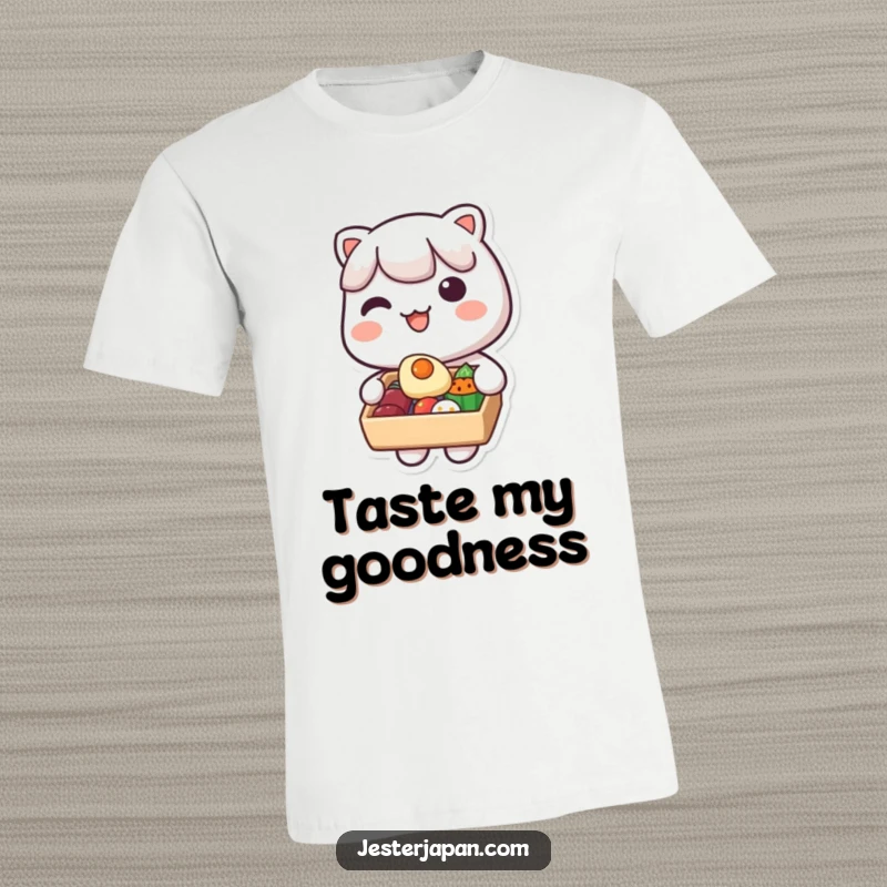 Funny Kawaii Bento Box T-Shirt: Adorable character holds a bento box, cheerfully offering a piece of food, promoting friendship and deliciousness.