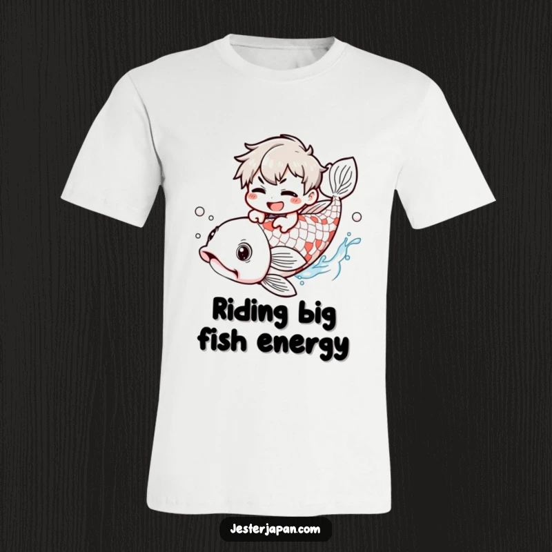 Funny T-Shirt: Kawaii character with a mischievous grin riding a giant koi fish, radiating playful adventure and humor.
