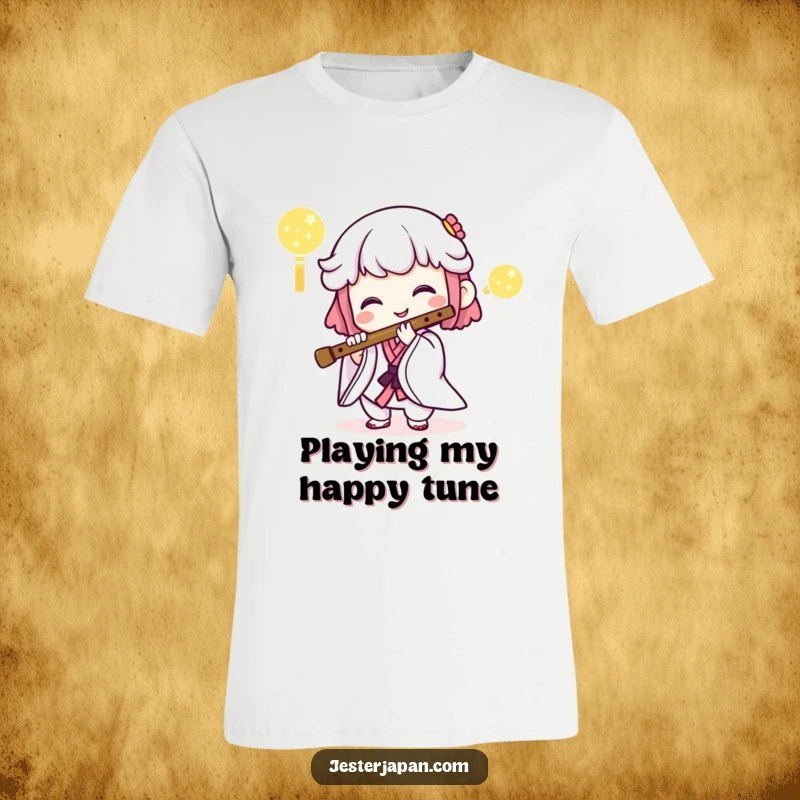 Funny t-shirt with a smiling Kawaii character playing a traditional Japanese flute, celebrating music and culture.
