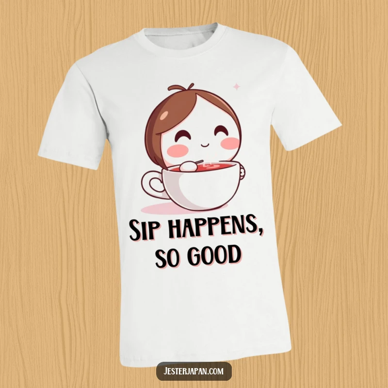 Funny t-shirt with a cute Kawaii character enjoying a hot steaming drink, symbolizing comfort and happiness.