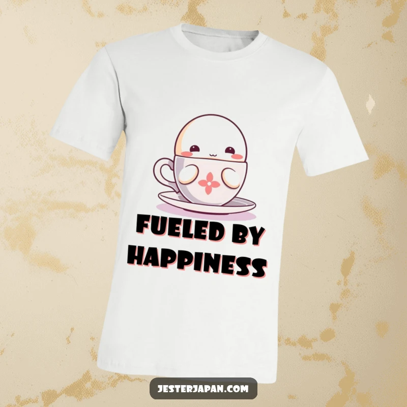 Funny Kawaii character T-shirt happily sipping from a steaming cup, perfect for expressing cozy and relaxed feelings.