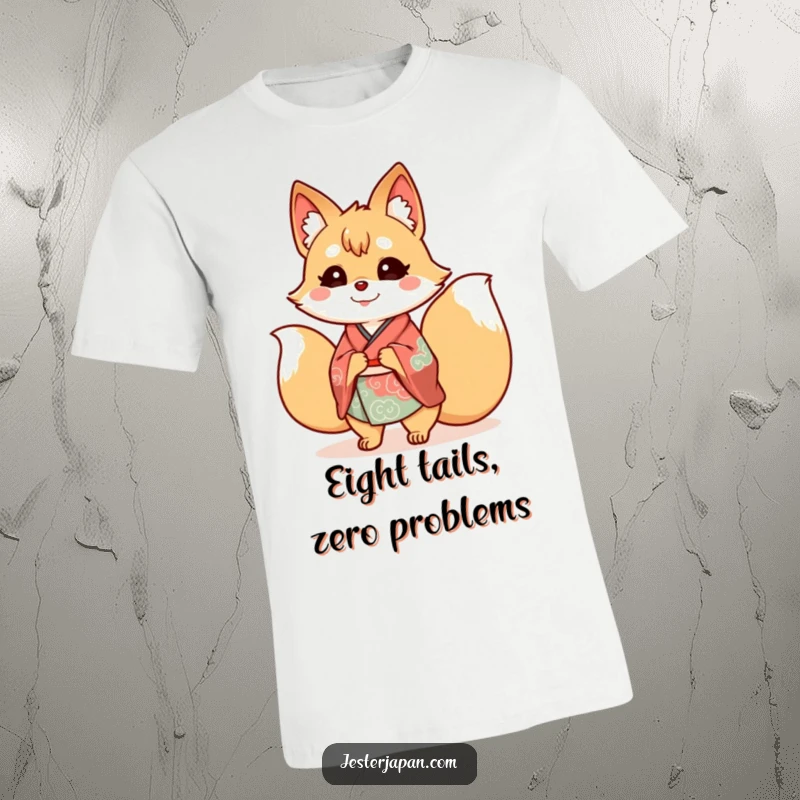 Funny Kitsune Kimono T-Shirt showcasing a happy nine-tailed fox in a detailed kimono, its multiple tails wagging with playful energy.
