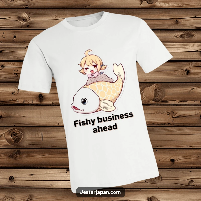 Funny t-shirt depicting a character winking mischievously while perched atop a giant, majestic koi fish.