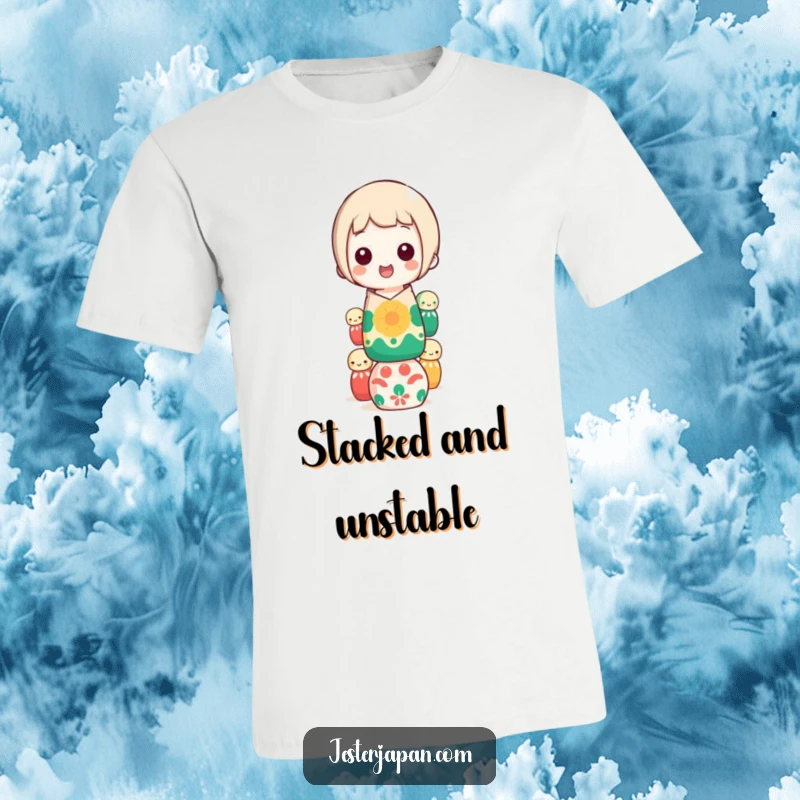 Funny kokeshi doll balancing t-shirt, featuring a happy character stacking colorful dolls precariously, ideal for a funny gift.