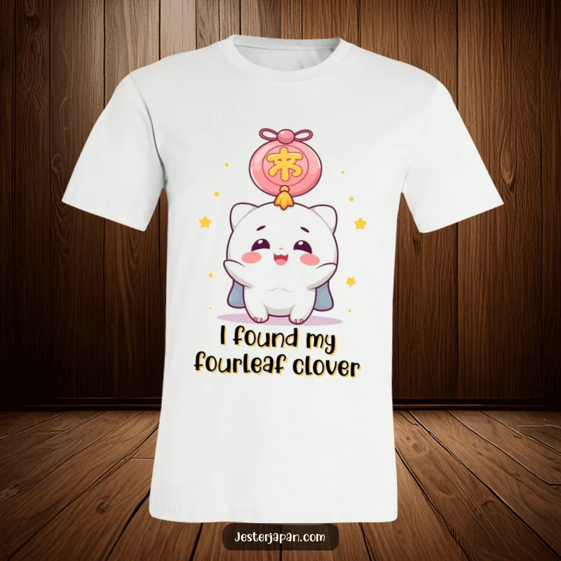 Funny T-Shirt featuring a delighted character looking up with awe at an oversized, glowing lucky charm, radiating happiness and optimism for screen readers.