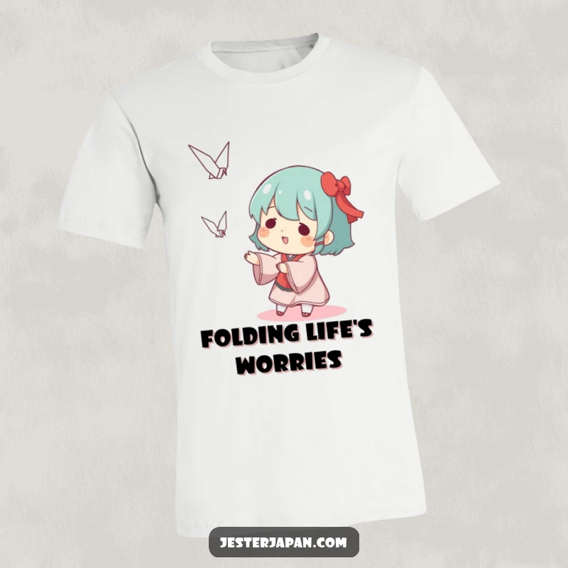 Funny t-shirt of a character playfully tossing a tiny origami crane, embodying the joy of paper crafting.