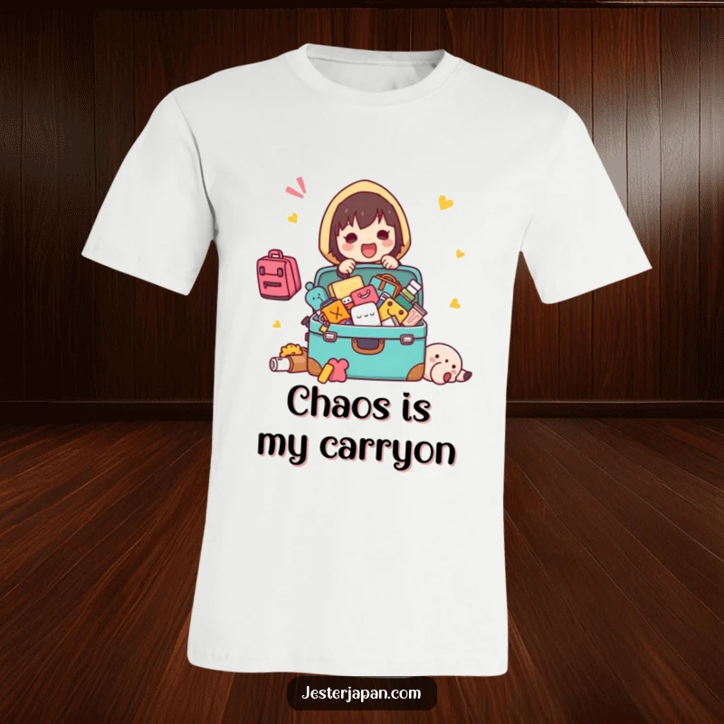 Funny Kawaii character T-shirt showing excited packing with a suitcase overflowing, perfect for travel lovers.