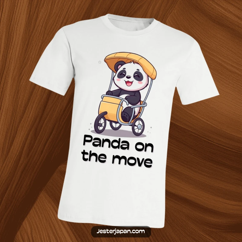Funny Panda t-shirt with a smiling character gleefully riding a miniature rickshaw, symbolizing happiness and lighthearted adventure.