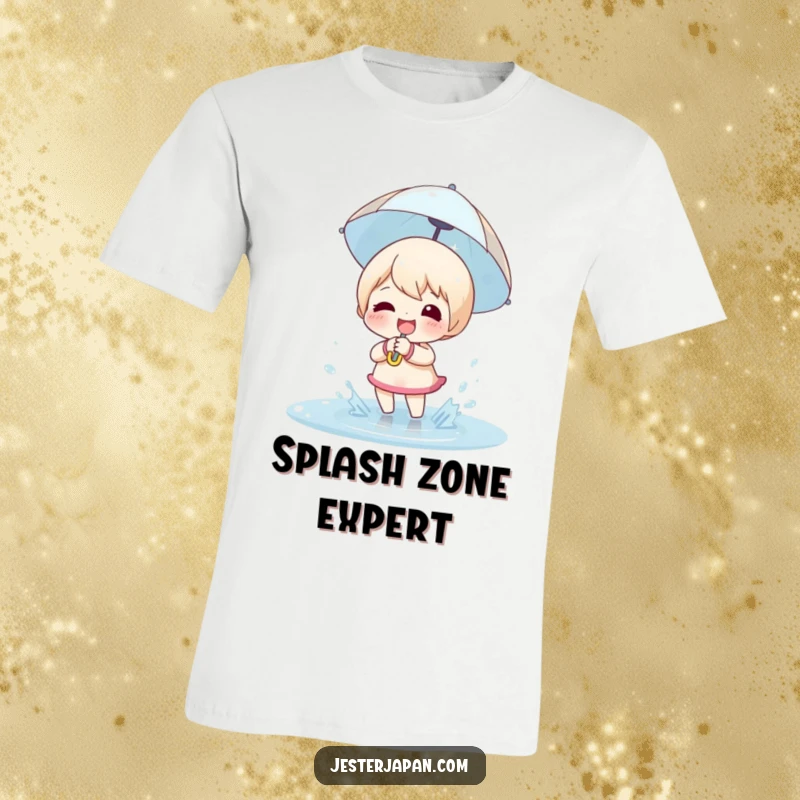 Funny T-Shirt: Cheerful character with a tiny umbrella, joyfully splashing water in a puddle.