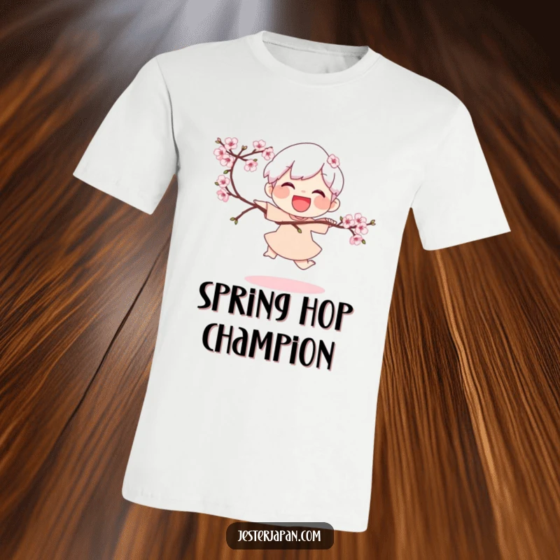 Funny T-Shirt: Joyful character doing a playful hop while holding a blooming cherry branch, expressing seasonal delight.