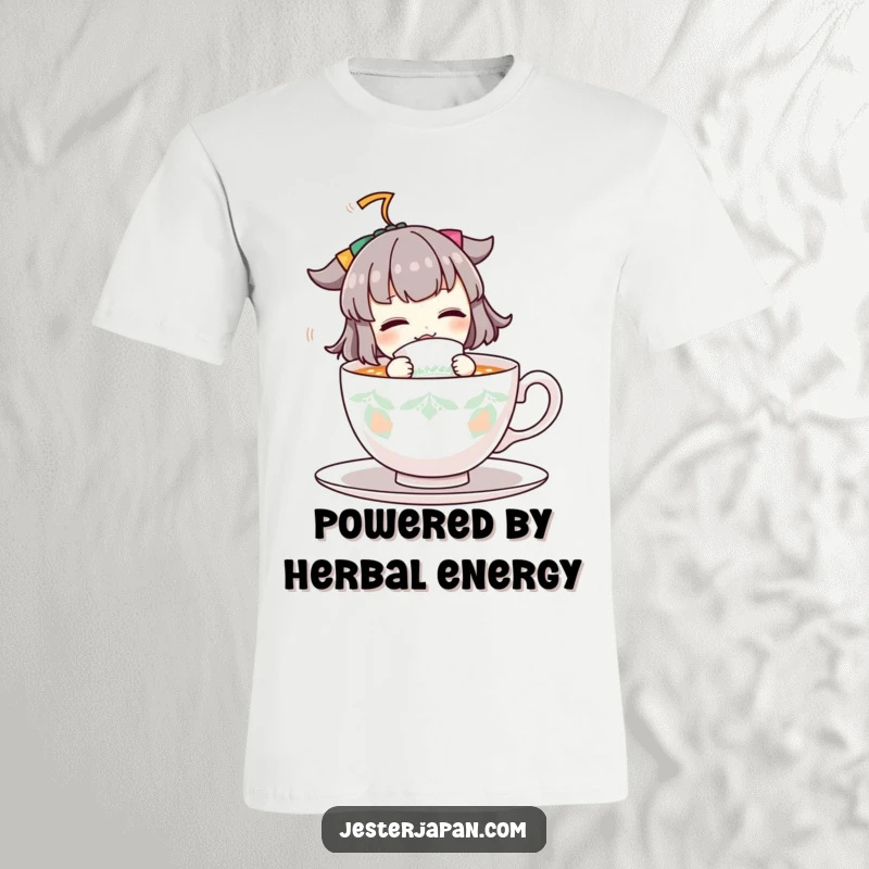 Funny t-shirt featuring a cartoon character energetically drinking from a large, cool teacup, expressing pure delight and caffeine-fueled excitement.