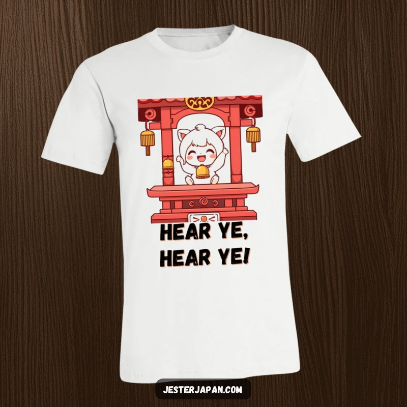 Funny t-shirt showcasing a character with eyes closed in bliss, excitedly ringing a miniature temple bell with a happy expression.