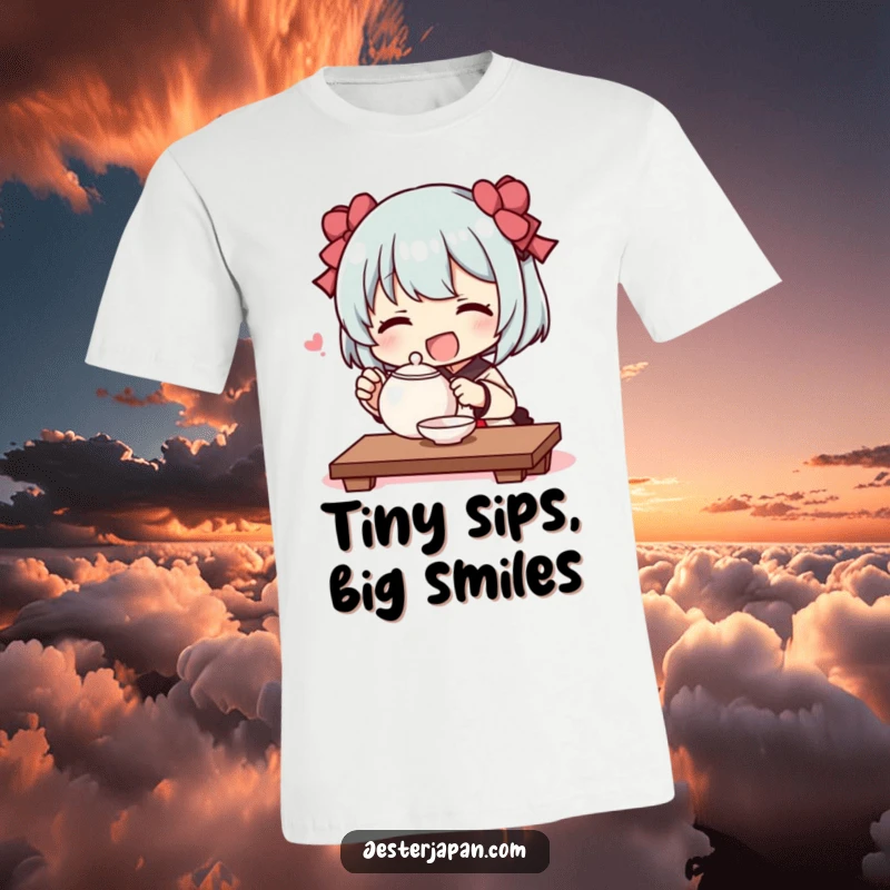 Funny t-shirt print of a character joyfully engaging in a mock tea ceremony, holding a comically small teapot with delight.
