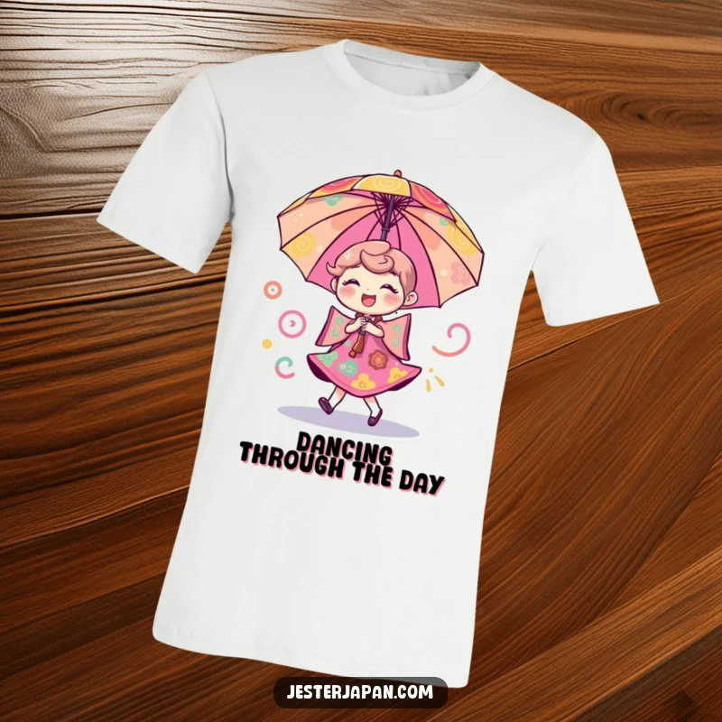Funny t-shirt showcasing a cheerful umbrella character in a dynamic dance with swirling, vibrant colorful patterns.