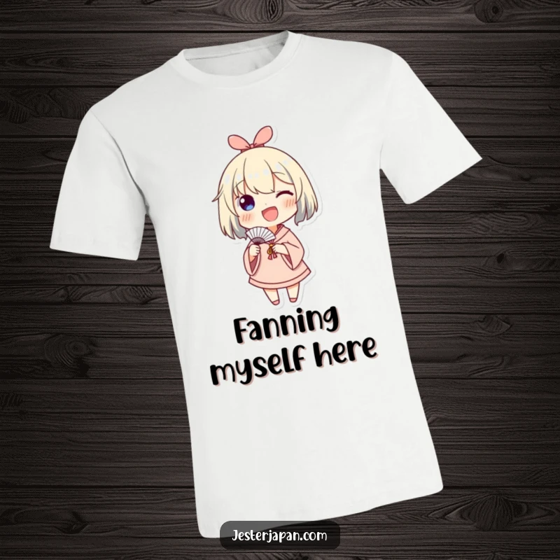 Funny t-shirt graphic of a character enthusiastically waving a small paper fan, conveying a feeling of joyful energy and fun.