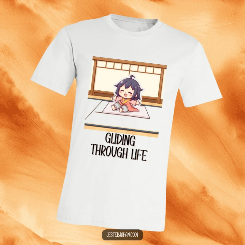 Funny t-shirt featuring a character executing a playful, smooth slide on a tatami mat. Captures a moment of carefree fun and agility.