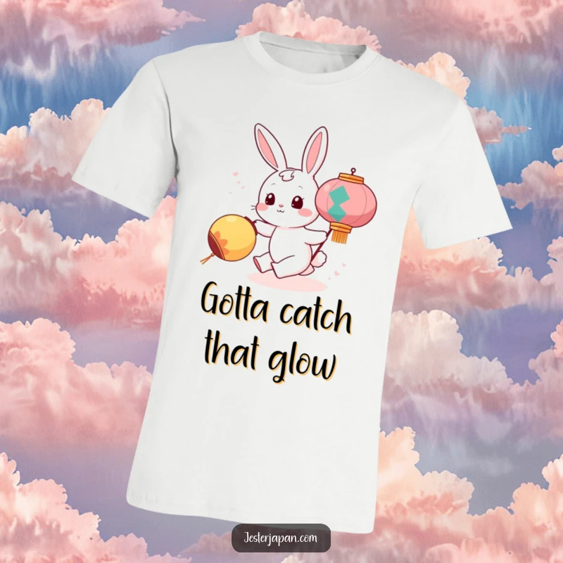 Funny t-shirt featuring a cute, determined bunny character joyfully chasing a bright, rolling festival lantern down a gentle slope.