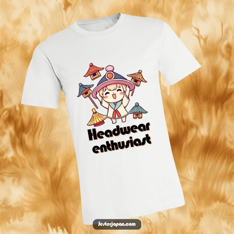 Funny Kawaii t-shirt depicting a cheerful character enthusiastically trying on several different traditional hats.
