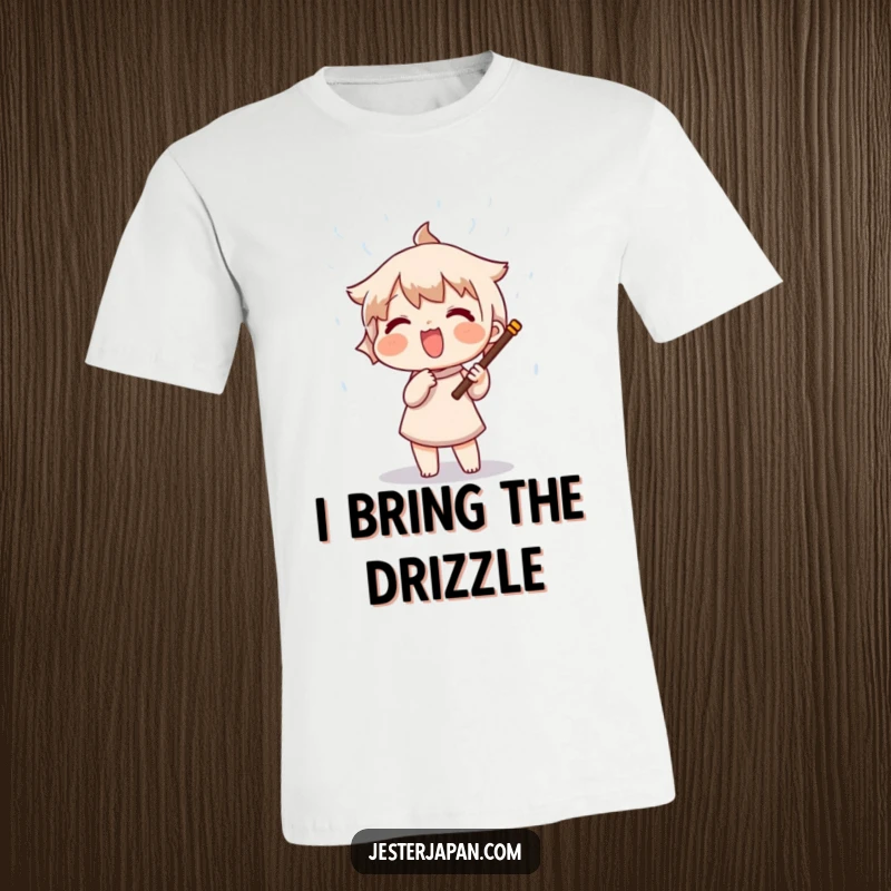 Funny t-shirt showing a character joyfully shaking a rain stick, causing a whimsical shower of beads to fall, evoking calm and fun.