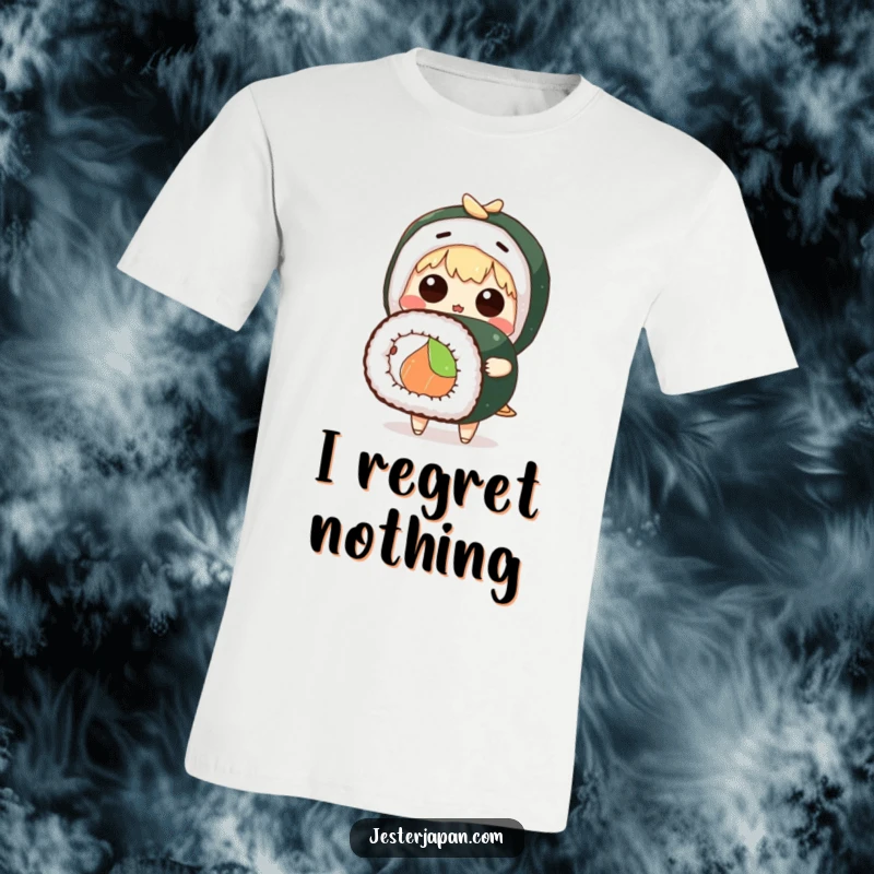 Funny t-shirt with a cute anime character wide-eyed, holding an enormous sushi roll, highlighting a comical surprise.