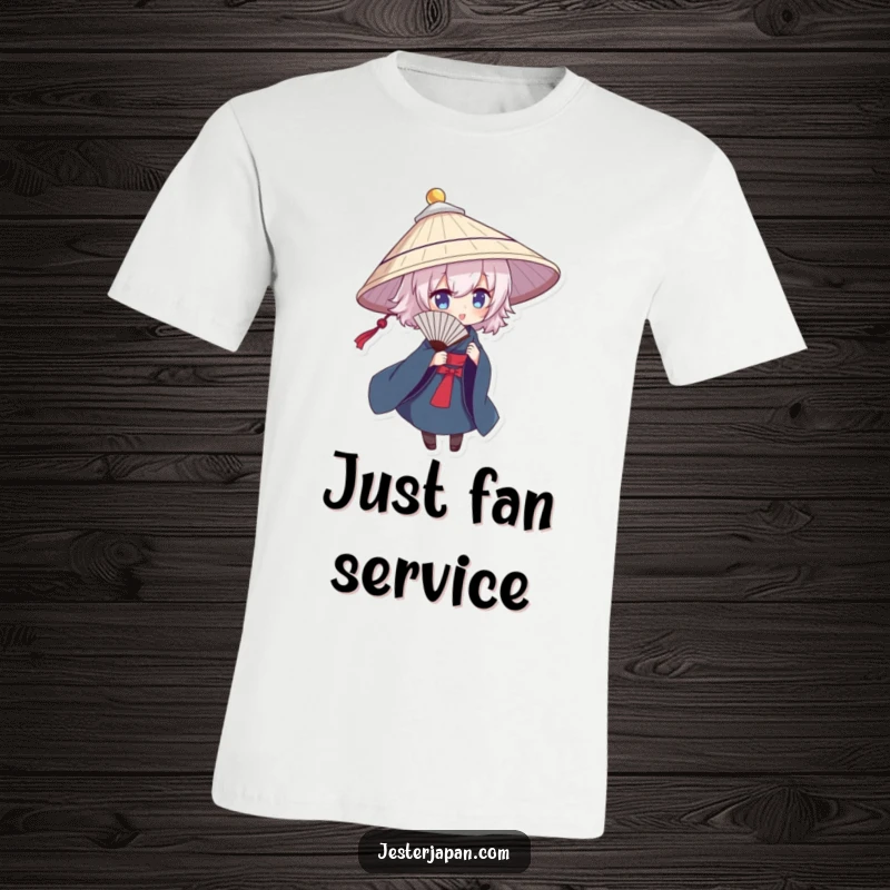 Funny t-shirt of a character in a traditional hat, dramatically posing and fanning, conveying elegance and humor.