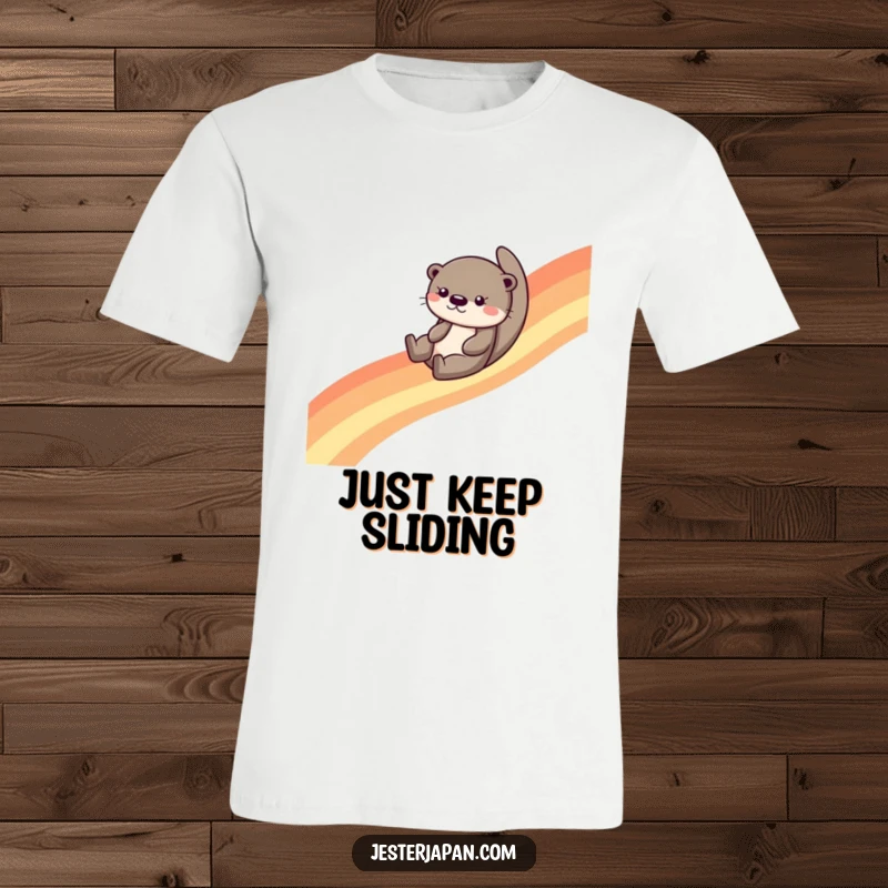 Funny otter character in mid-slide down a bright rainbow, printed on a t-shirt, capturing a moment of pure, unadulterated fun.