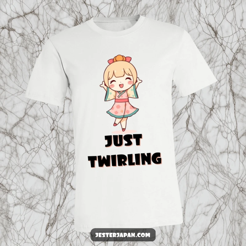 Funny Kokeshi Doll T-Shirt: A cute Kokeshi doll character gracefully performs a joyful pirouette, showcasing playful movement.