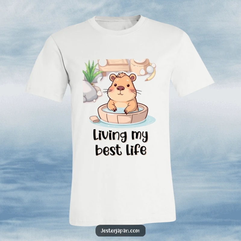 Funny t-shirt showcasing a happy capybara enjoying a relaxing hot spring bath, a picture of pure contentment.