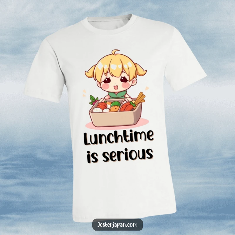 Funny t-shirt featuring a cheerful character meticulously packing a colorful bento box. Captures the joy of meal prepping and delicious food.