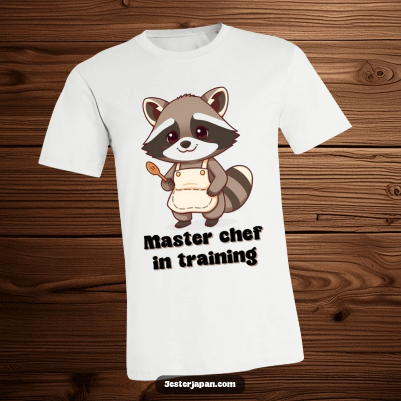 Funny t-shirt of a raccoon in a cute apron, focused on cooking, bringing humor to the culinary world.