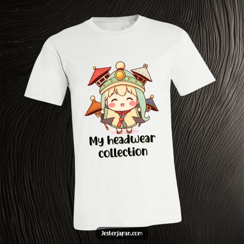 Funny t-shirt with a Kawaii character enthusiastically trying on different traditional hats, celebrating fashion.