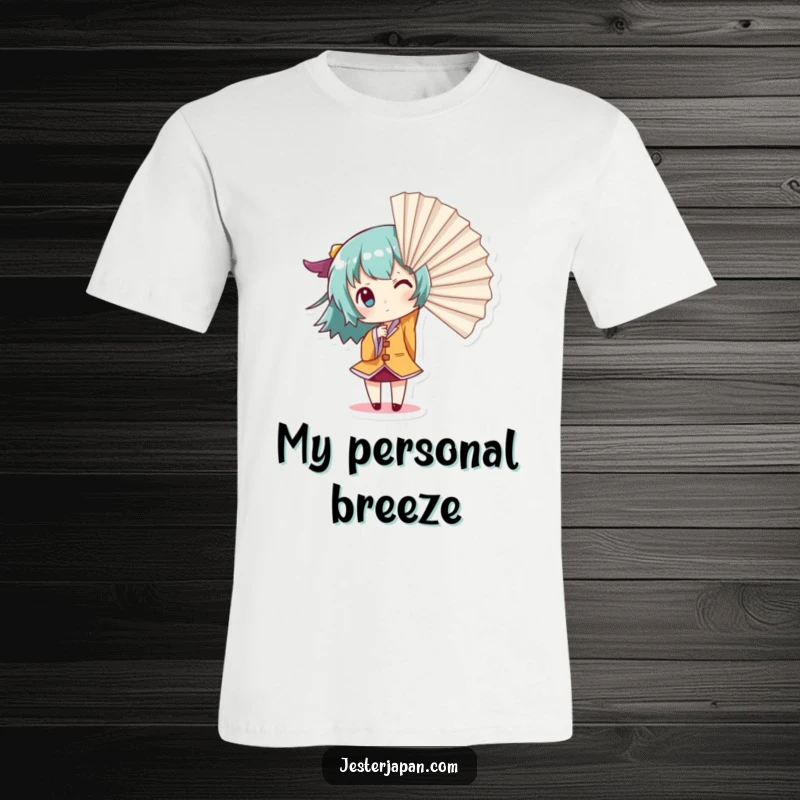 Funny Giant Fan T-Shirt: Small character dramatically creates a gust of wind using a giant fan, conveying impressive (and comical) force.