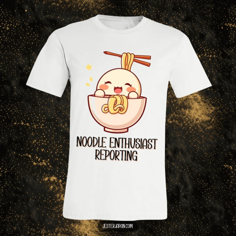 Funny Kawaii t-shirt featuring a small, round character joyfully slurping noodles from a big bowl, embodying pure foodie happiness and appetite.