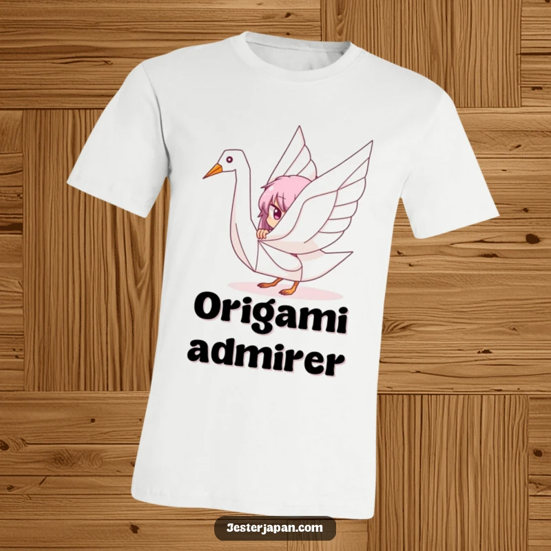 Funny t-shirt with a character playfully peeking from behind a large, stylized origami crane, offering a delightful and artistic visual.