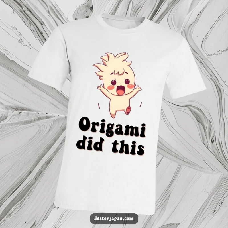 Funny Character T-Shirt: A startled character jumps back from a suddenly appearing origami crane, a humorous reaction.