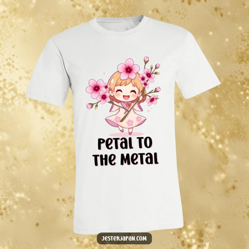 Funny Character T-Shirt: A joyful character in mid-spin, holding a beautiful bouquet of cherry blossoms, embodying spring.