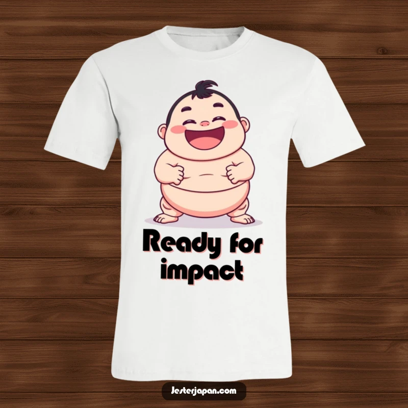 Funny t-shirt with a wide-grinning character attempting a comical sumo wrestling pose. Perfect for fans of Japanese culture and humor.