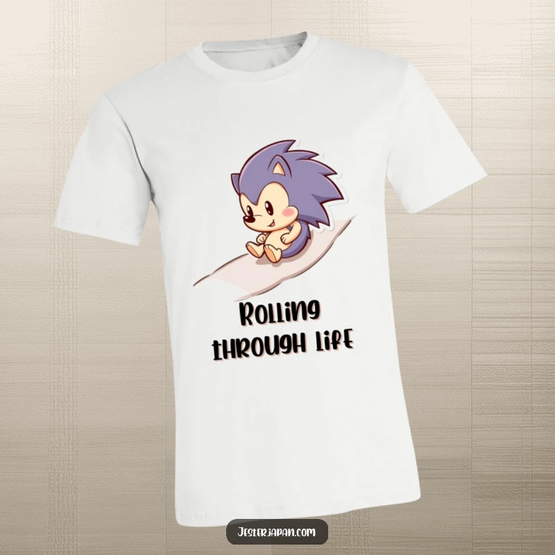 Funny hedgehog with a big smile rolling downhill on a t-shirt, embodying pure, uninhibited happiness and fun.