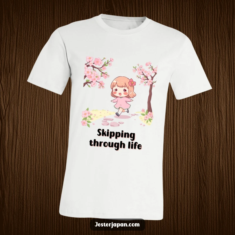 Funny t-shirt of a character with rosy cheeks, skipping joyfully along a cherry blossom path, celebrating spring.