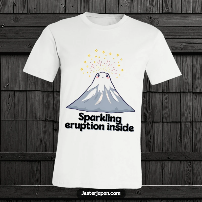 Funny t-shirt featuring a tiny Mount Fuji character erupting with a shower of colorful sparkles, designed for joy.