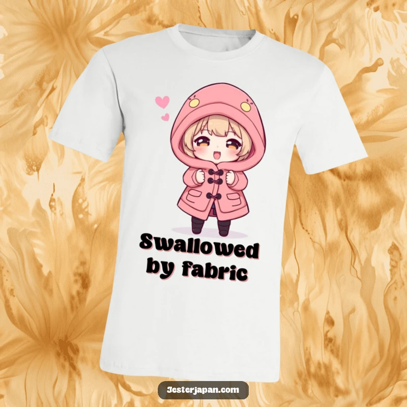 Funny T-Shirt: Character hilariously fails to wear a dramatically oversized Happi coat, looking comically swamped and bewildered by its size.